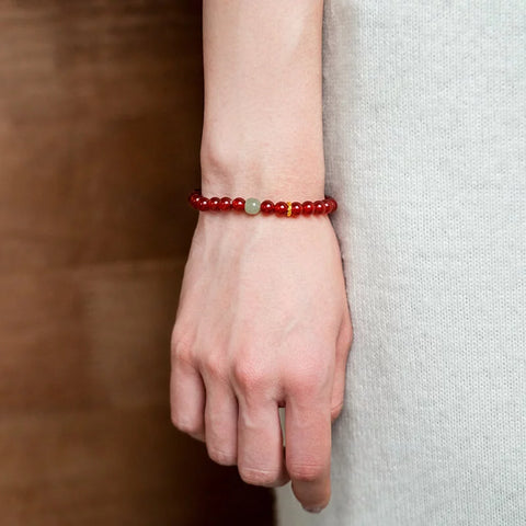 Red Agate & Hetian Jade Beaded Bracelet – Symbolic Fire and Metal Elements for Unisex