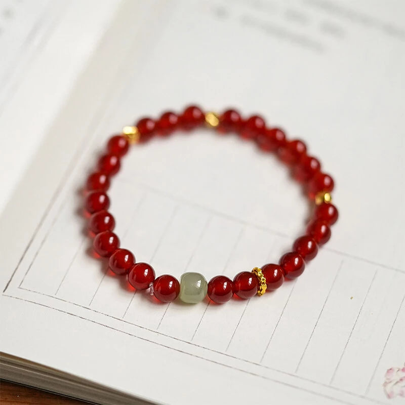 Red Agate & Hetian Jade Beaded Bracelet – Symbolic Fire and Metal Elements for Unisex