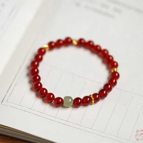 Red Agate & Hetian Jade Beaded Bracelet – Symbolic Fire and Metal Elements for Unisex
