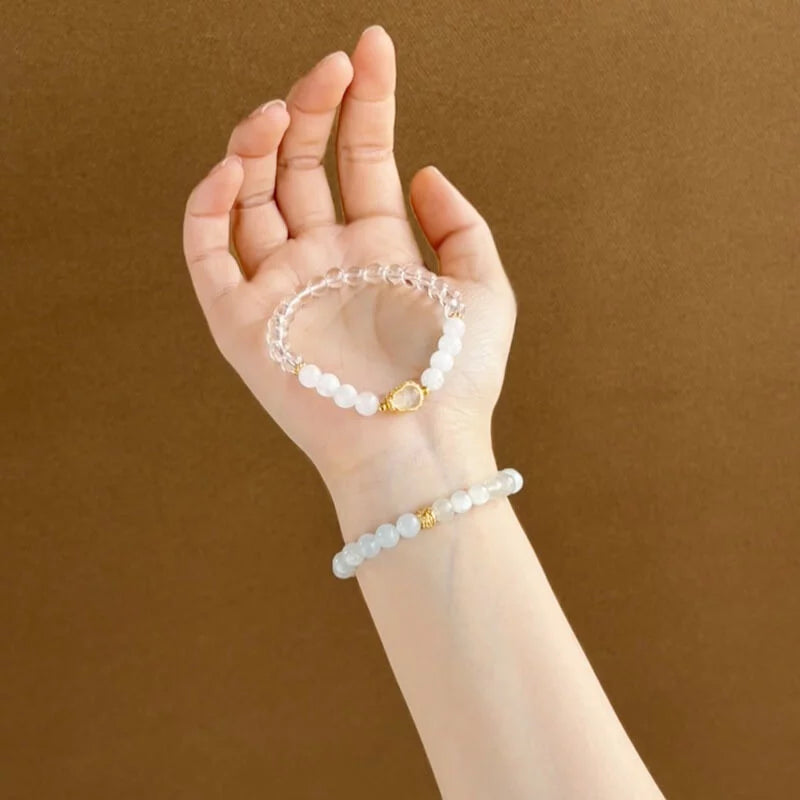 Clear Quartz & Blue Moonstone Beaded Bracelet – Symbolic Five Elements Jewelry for Women